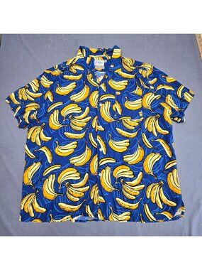 Banana Print Blue Short Sleeve Button-Up Shirt XXL Goodfellow & Co Novelty